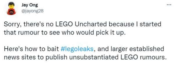 乐高《神秘海域》套装传言为假 消息源头出面澄清